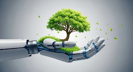 A robot hand holding a tree with green leaves and grass in its palm.