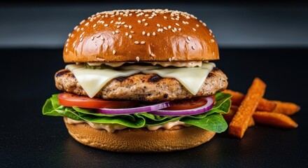 A delicious-looking chicken burger with lettuce, tomato, onion, and cheese on a sesame seed bun, accompanied by sweet potato fries.