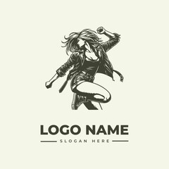 Black and white illustration of a dynamic woman with long hair wearing a leather jacket and boots, holding a microphone, with a bold logo name and slogan on a plain background.