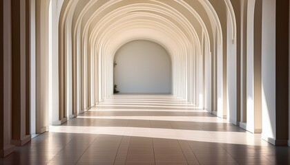 sunlit minimalist hallway with repeating arches casting soft shadows on a clean floor symbolizing balance symmetry and modern architectural elegance