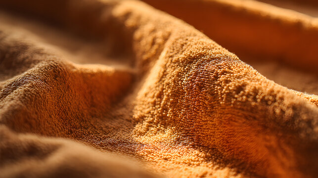 Extreme close up macro shot reveals the rich texture and warm golden orange color of soft terry cloth fabric folds