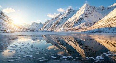 A stunning winter landscape with snow-covered mountains and a frozen lake, with a warm sun shining through the clouds.