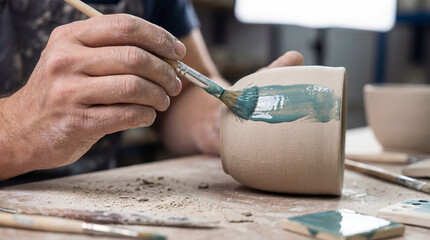 Obraz premium Man potter painting ceramic cup with blue glaze. Handcraft and pottery workshop concept for creative hobby and artistic expression.