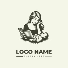 A mother reads a book to her baby on the floor with a logo and slogan text in a simple illustration style against a plain background.