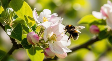 A bumblebee on an apple blossom, with green leaves in the background.