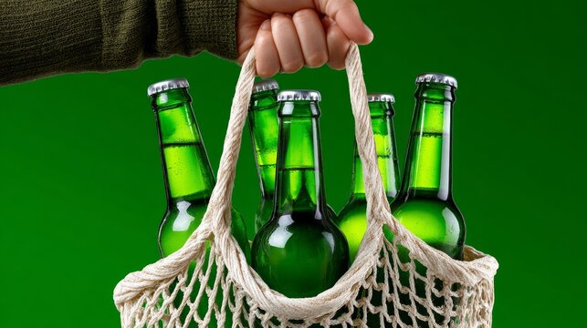 A person is holding a green bag with six beer bottles in it. The bag is made of a white material and is being held by a person's hand