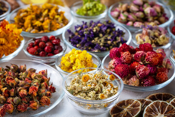 Assortment of dry herbal tea concept. Medicinal herbs healing herbs and alternative medicine.