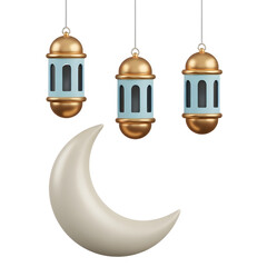 Hanging Ramadan Lanterns with Crescent Moon, Islamic Night 3D Illustration