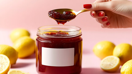 Homemade lemon jam in a jar, featuring a spoon of jam, lemons in the background and a hand with red nails holding a spoon above the jar on a pink table. Sweet and tasty.
