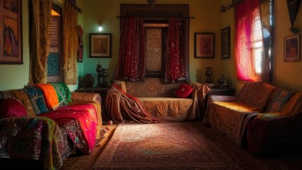 A vibrant, traditionally decorated living room featuring ornately draped couches and warm lighting
