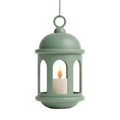 Green Hanging Islamic Lantern with Candle Light, Ramadan 3D Illustration