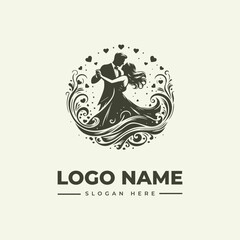 A romantic vector illustration of a dancing couple in a circular logo design with hearts and floral patterns on a beige background.