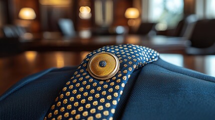 Necktie with patterned design on a blue jacket, blurred background