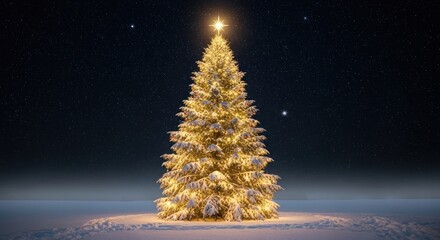 A beautifully lit Christmas tree with snow on its branches against a starry night sky.