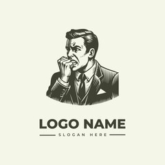 A vector illustration of a man in a suit with his hand on his chin, featuring a logo and slogan text on a plain background.