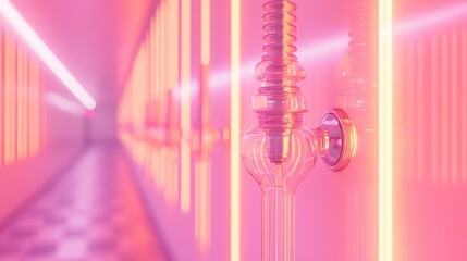 Neon lit corridor with transparent pipes on wall