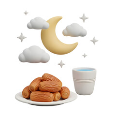 Dates and Milk at Night with Crescent Moon, Healthy Ramadan Food Concept