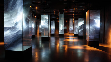 An artistic display installation with layered screens and dynamic visuals.