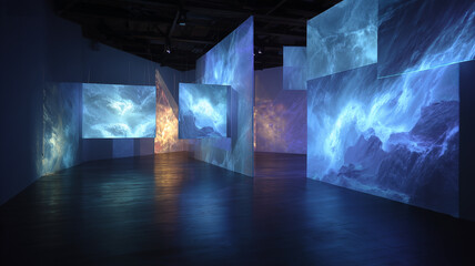 An artistic display installation with layered screens and dynamic visuals.