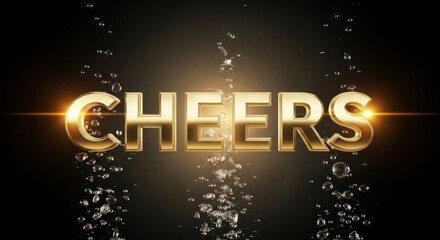 A gold and black text with the word 'CHEERS' in the center, surrounded by bubbles and a dark background.