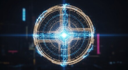 A futuristic, digital, circular structure with a glowing center and intricate, glowing lines and patterns.