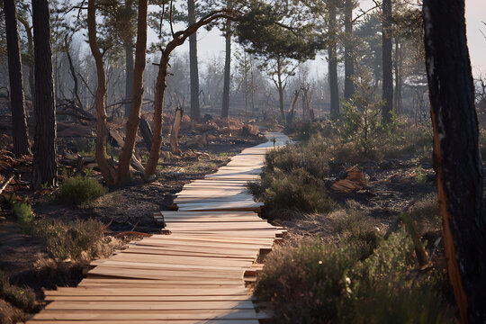 The restored boardwalk at Thursley Common, Surrey, after it was destroyed by wildfire during the pandemic.