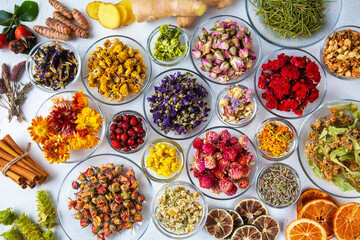 Assortment of dry herbal tea concept. Medicinal herbs healing herbs and alternative medicine.
