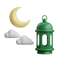 Green Ramadan Lantern with Crescent Moon and Clouds, Islamic 3D Illustration