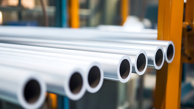 A detailed close-up highlights the uniform stack of shiny, metallic tubes, enhanced by an orange rack in an industrial setting. Focus is on symmetry and material detail.