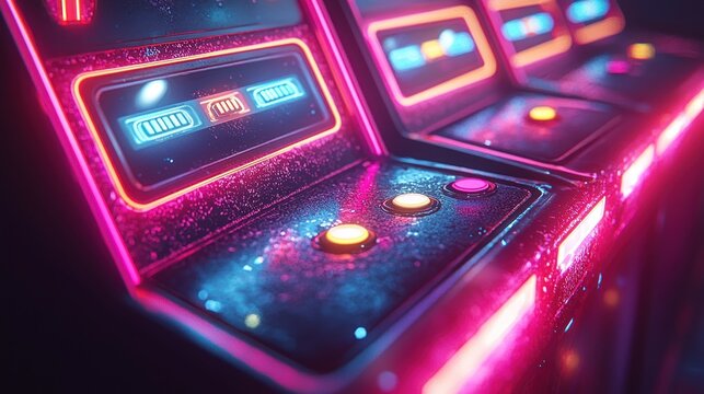 Neon-lit row of slot machines - Powered by Adobe