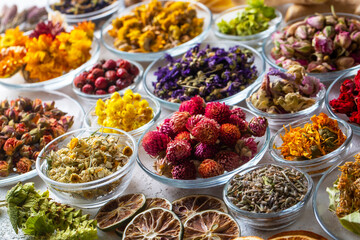 Assortment of dry herbal tea concept. Medicinal herbs healing herbs and alternative medicine.