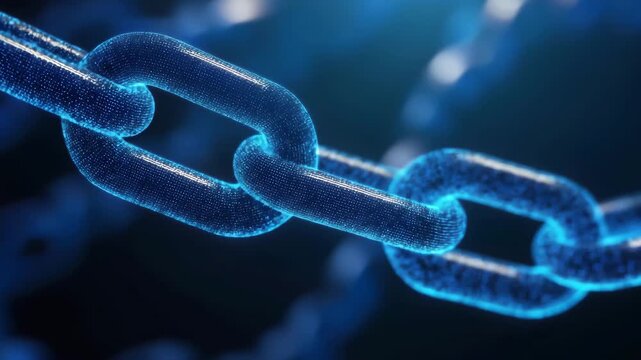 Closeup of glowing blue chain links on dark background with bokeh effect 4k video