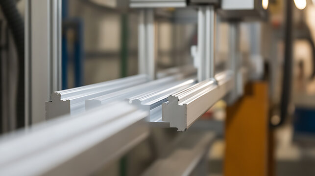 Shiny aluminum profiles are lined up on a factory line, ready for assembly. The metal framework gleams, showcasing modern manufacturing processes in industrial area.