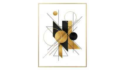 Abstract Geometric Composition in Gold and Black with Metallic Accents graphic design isolated on a transparent background