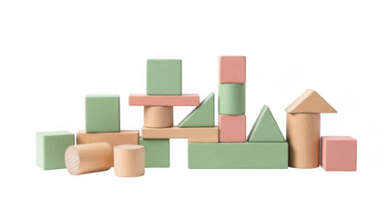 Assorted Pastel Colored Wooden Building Blocks Arranged in a Cityscape wooden toys isolated on a transparent background