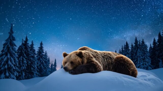 Sleeping Bear Under Starry Night Sky in Winter Wonderland - Dreamy Scene