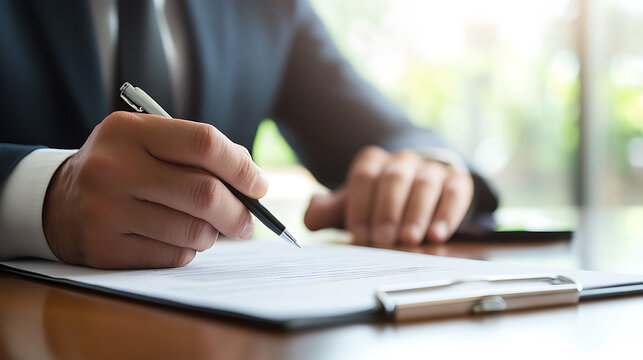 Close-up of a person in a suit signing a document with a pen, on a wooden table. The setting is bright and modern. Focus on precision and professionalism.