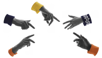 Five hands pointing in different directions with various cuffs fingers gestures isolated on a transparent background