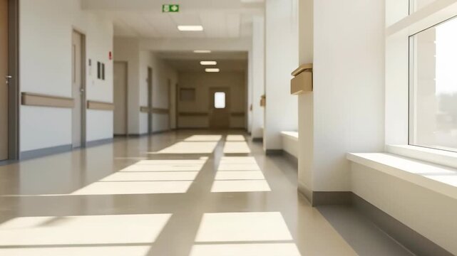 Wheelchair in an empty hospital corridor with sunlit floor shadows. Medical facility without people, healthcare service concept.
