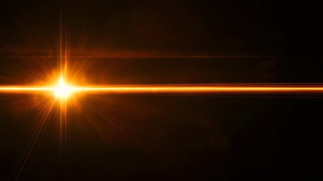 Vibrant orange light beam with radiant glow on dark background with lens flare effect and streaks of light 4k video