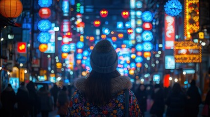 Night street view with neon lights, crowd, and person