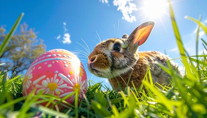 Low-angle "worm&rsquo;s eye view" from inside the grass looking up at a rabbit sniffing a large, brightly decorated Easter egg