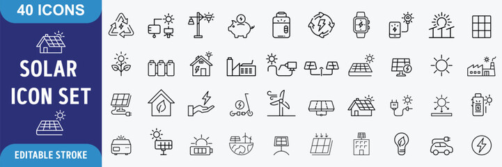 Solar Energy icons set. Solar Energy  icons Pixel perfect. Containing solar panels, sun, generator, energy, and more. Outline Icon Collection. Vector illustration