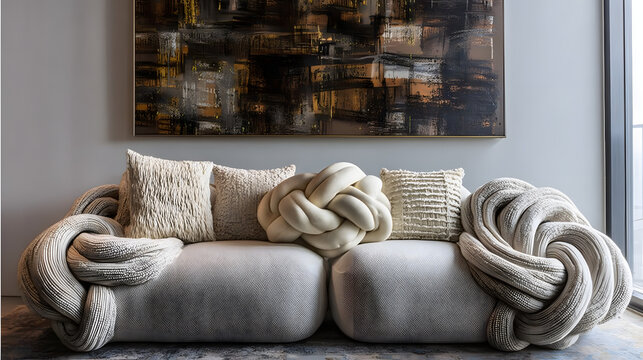 Canap&Atilde;&copy; moderne avec des coussins textur&Atilde;&copy;s, un coussin en forme de n&Aring;&ldquo;ud frappant, et une &Aring;&ldquo;uvre d'art audacieuse qui donne &Atilde;&nbsp; la pi&Atilde;ce &Atilde;&nbsp; vivre une ambiance singuli&Atilde;re. D&Atilde;&copy;coration int&Atilde;&copy;rieure.