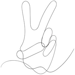 Continuous one line drawing of a hand with two fingers raised as a peace sign on transparent background. Vector illustration