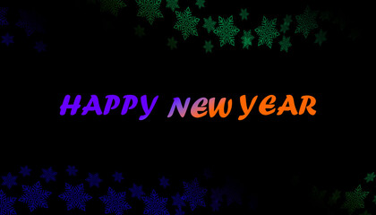 Happy New Year colorful typography on dark background, Festive snowflake holiday banner