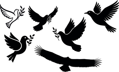 Obraz premium Dove of Peace with Olive Branch and Eagle Silhouette Set | Columbidae & Accipitridae Vector Icons
