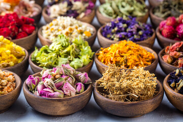 Assortment of dry herbal tea concept. Medicinal herbs healing herbs and alternative medicine.
