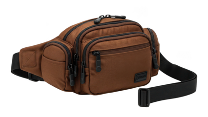 Brown Canvas Fanny Pack with Multiple Zippered Pockets and Adjustable Strap waist bag isolated on a transparent background