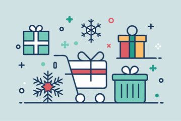 Flat style illustration of holiday shopping with gift boxes, shopping cart, snowflakes, and festive decorations